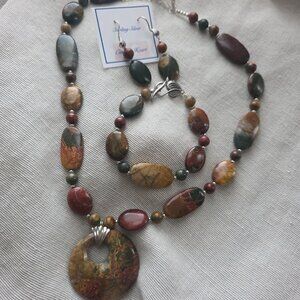 Natural Brown Stone Necklace, Earrings & Bracelet Set